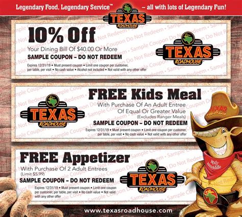 Coupon code for texas roadhouse - Here are a few deals that Texas Roadhouse in Wilmington has offered: Dinner 10% off your total dinner - expired. Early Bird Dinner Special 15% off from 3pm to 5:30pm - Expired. 10% off lunch with printable coupons - Expired. Here are a few things people have to say in reviews about Texas Roadhouse in Wilmington: The staff at …